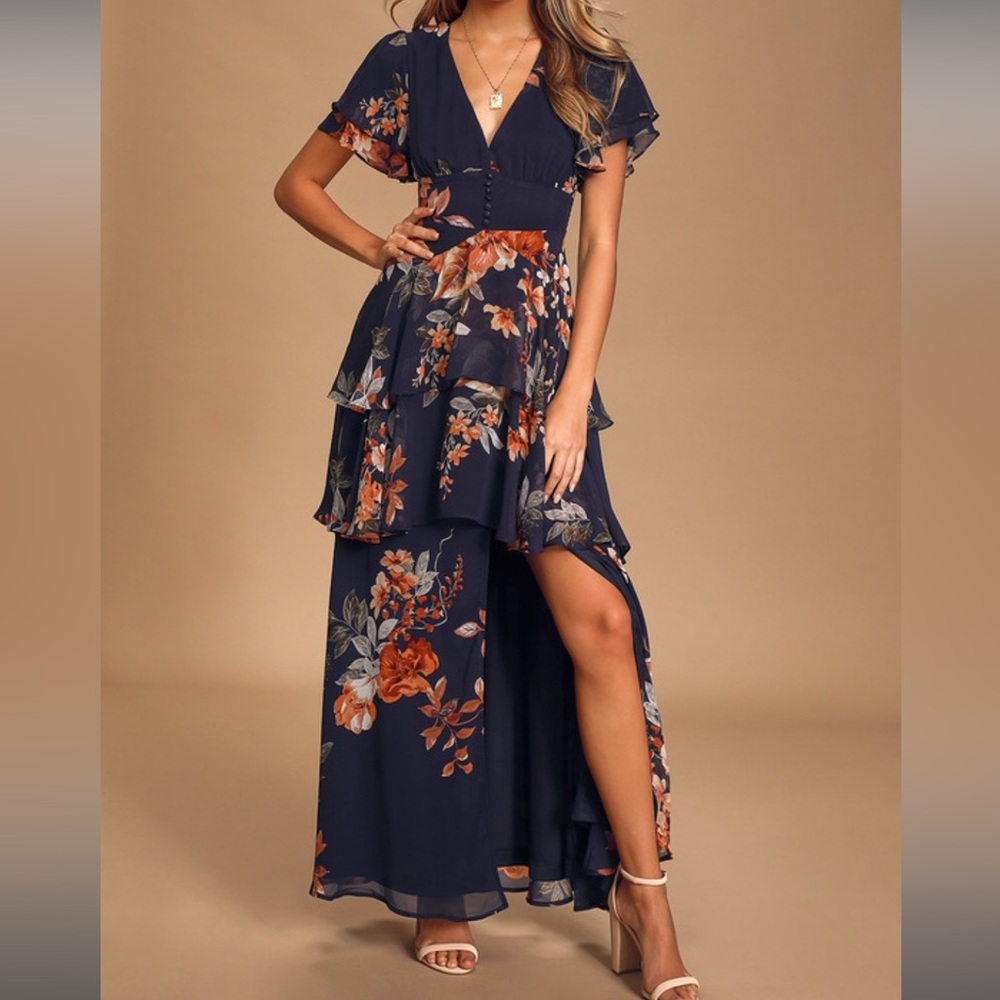 Floral Navy Blue Tiered Maxi Dress